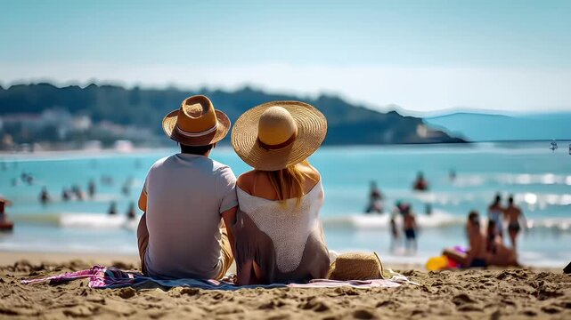 A man and a woman sit on a sandy beach, with the ocean and distant hills in the background. They are both wearing straw hats, and the woman is adjusting her hat.