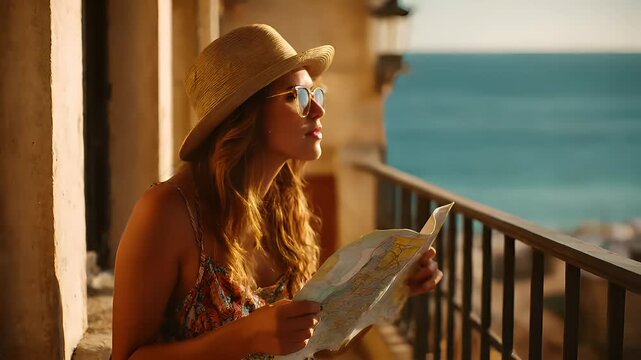 woman in straw hat and sunglasses reading a map on a balcony overlooking the seawoman wearing straw hat, sunglasses.