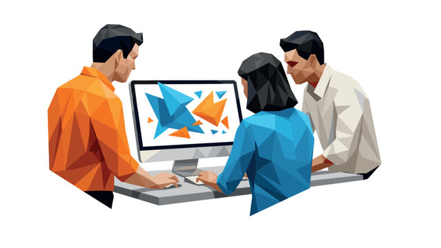 Geometric team collaboration on digital design project with modern low poly style