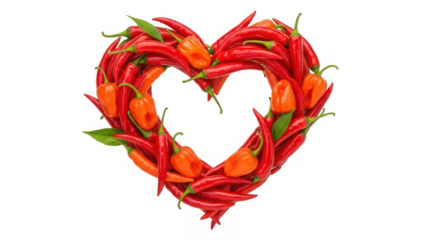 A vibrant heart shape crafted from fiery red and orange chili peppers, symbolizing a love for spice isolated on transparent background