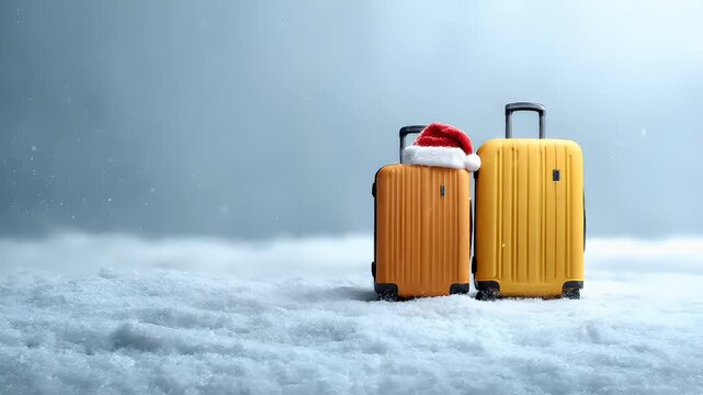 yellow suitcases in snow with Santa hat on top of themyellow suitcase with santa hat on snowy surface.