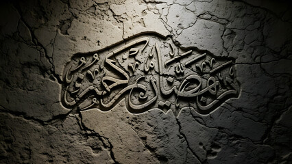 Ramadan kareem arabic calligraphy carved in ancient stone wall texture with dramatic lighting effects celebrating islamic holy month of fasting prayer and mercy