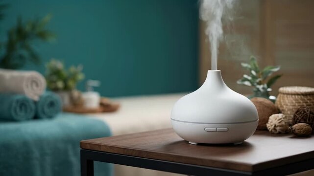 Aroma diffuser working on a table in a spa room. Essential oil humidifier releasing steam for aromatherapy and relaxation. Wellness and self-care concept