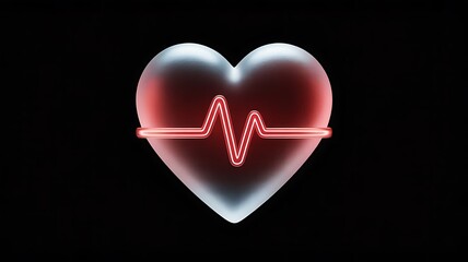  Clinical Heartbeat Monitor Symbol Featuring Glowing Glass Heart and Neon Pulse Waveform.