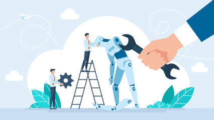 Engineers repairing a broken robot with a wrench. A mechanic on ladder repairs a distressed robot.
Robot or cyborg with artificial intelligence failures overloaded and broken down. Vector illustration