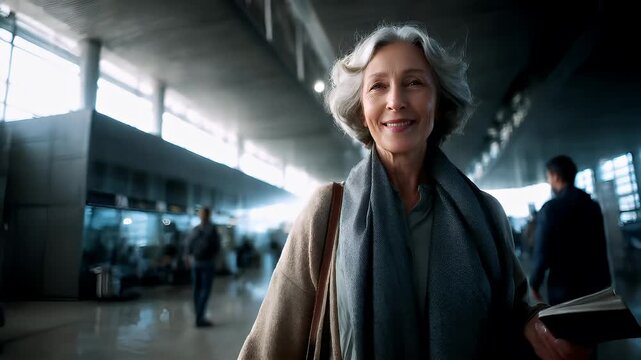 A woman with gray hair and a scarf stands in a modern indoor space, possibly a train station, with large windows that allow natural light to filter in. The womans expression is contemplative.