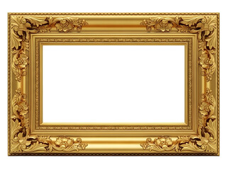 Elegant gold picture frame with intricate design isolated on white background