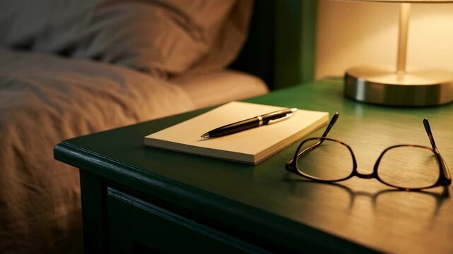Reading glasses and a notepad on a bedside table at night. A quiet and relaxing evening routine before sleep. Cozy home bedroom interior
