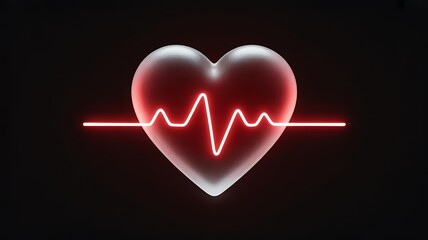Transparent Glass Heart with Glowing Red Neon Heartbeat Pulse Line on Black Background.