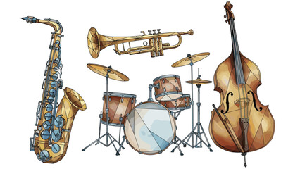Geometric watercolor jazz instruments: saxophone, trumpet, drums, bass for music lovers