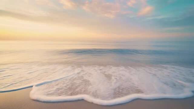 Gentle Ocean Wave Breaking on a Sandy Beach at Sunrise with Pastel Sky image photo