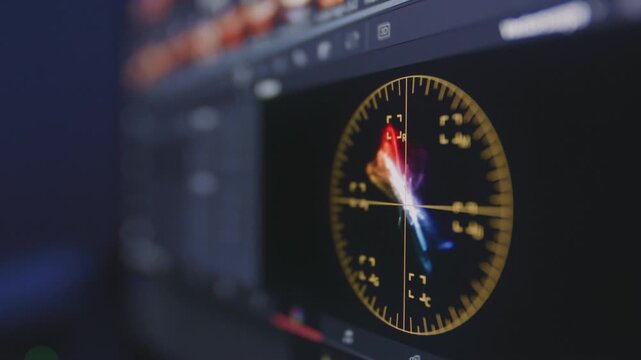 Color correction indicator graph on screen. RGB colour graphic bar on monitor in post process. Telecine stage in video or film production processing. for colorist digital grading