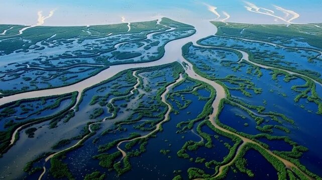 Aerial view of a sprawling river delta with lush green vegetation and intricate water channels