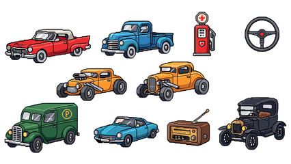 Naklejka premium Pixel art classic cars collection with vintage accessories and retro style icons