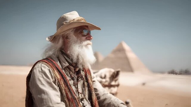 A man with a long white beard and a hat stands in a desert landscape with pyramids in the background.
