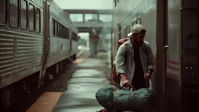 A man with a backpack and a smartphone stands by a train at a train station. The scene is captured in a cinematic style, with a focus on the man and the train.