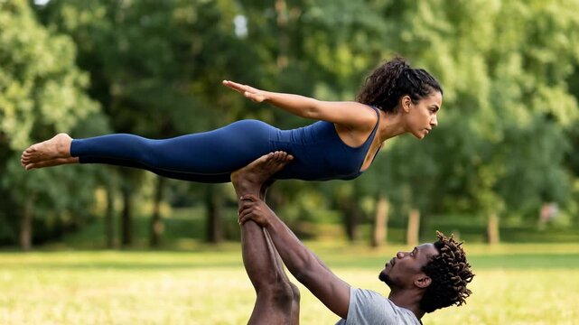 Interracial couple practicing acro yoga in a park. A strong man and woman demonstrate balance and trust in a partner yoga pose. Outdoor fitness and wellness lifestyle