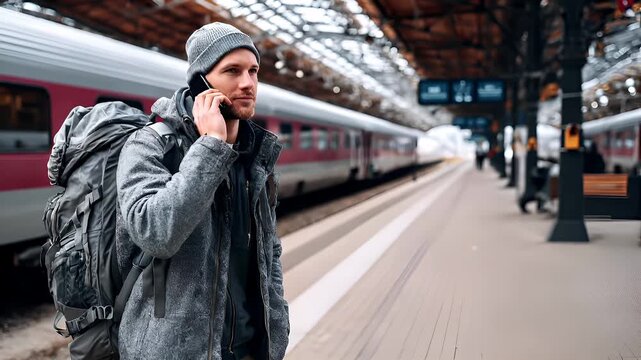 A man with a backpack and beanie talking on a mobile phone at a train station.