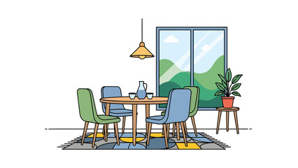 A colorful cartoon illustration of a dining room with a table, chairs, and a scenic view.