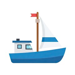Blue Sailboat with White Sails and Red Flag Illustration on White Background