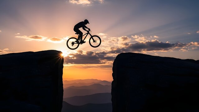 Silhouette of a mountain biker jumping between two cliffs. Extreme sports and outdoor adventure. Athlete performing a dangerous leap on a bicycle during a sunset in the mountains