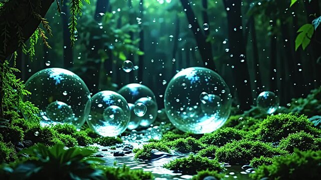 Radiant bubbles explode resin bubble texture, forming bold webs on a green background, with glowing vines curling in a lush, tropical display under starlight.