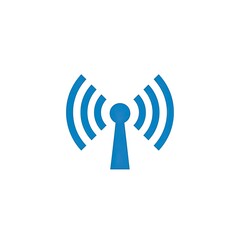 Blue wireless signal tower icon on white background communication concept