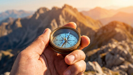 雄大な山々を背景に、手にした黄金のコンパスが進むべき未来を指し示しています。困難な挑戦を乗り越え、頂点を目指すビジネスリーダーの強い意志と成功へのビジョンを表現した一枚です。