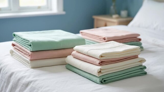 Stacks of clean folded pastel colored bed linens on a bed. Slow pan shot of fresh cotton and linen sheets in a cozy bedroom. Home decor and comfort concept