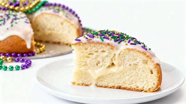 Cozy indoor food scene with a slice of King cake served on a white plate with Mardi Gras colors