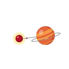 Cartoon planet with ring orbiting small red moon with yellow glow in deep space