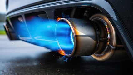 Car Exhaust Pipe with Blue Flames on Wet Road Surface