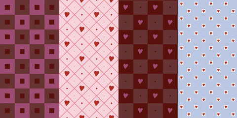 Set of seamless valentine day pattern set with romantic hearts and decorative elements for holiday wrapping and textiles