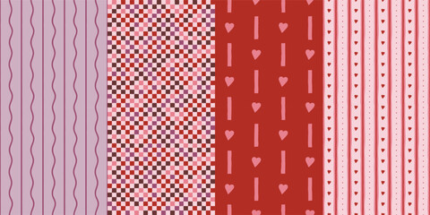 Set of seamless patterns for valentines day with hearts stripes and geometric checkers in red pink and purple colors