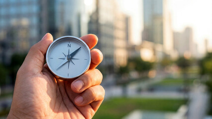 ビル街できらりと光る黄金のコンパスが示すリーダーと未来の希望