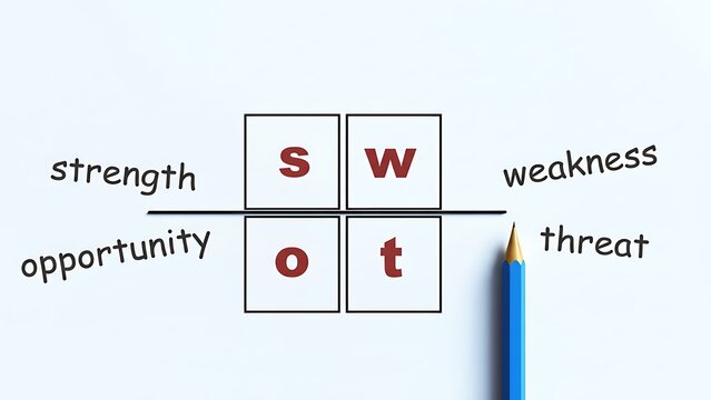 SWOT analysis diagram with a blue pencil, showing Strength, Weakness, Opportunity, and Threat. Business strategy planning concept.