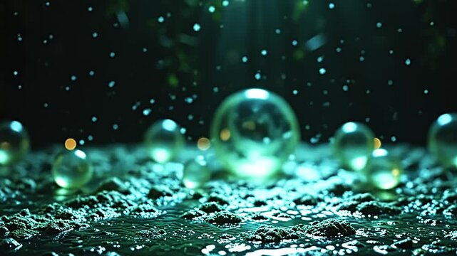 Swirling spheres explode resin bubble texture, forming abstract patterns against a green background, with glowing orbs floating in a mystical, dreamy setting at midnight.
