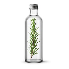 Clear glass bottle containing a fresh green rosemary sprig on a white background studio lighting