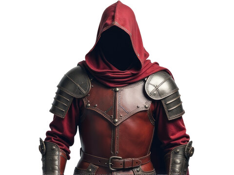 A person dressed in red hoodie and leather armor, standing in a heroic pose