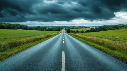 Fototapeta premium A long road with a dark sky above it. The sky is cloudy and the road is empty