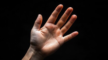A hand is raised in the air, with the fingers spread wide. The image has a dark background, which adds to the dramatic effect of the hand gesture. The hand appears to be reaching out