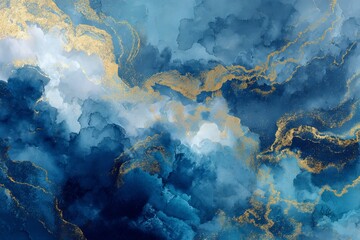 Abstract blue and gold watercolor background with swirling textures and gradients image