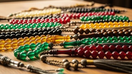 Collection of Islamic prayer beads or tasbih in various colors arranged on a wooden surface