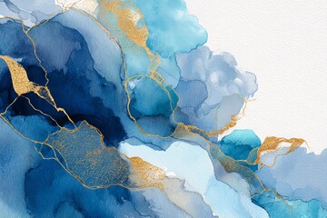 Abstract blue and gold watercolor fluid art background with organic shapes and textures image
