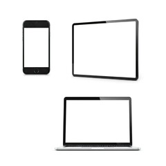Collection of modern electronic devices including smartphone tablet and laptop on white background