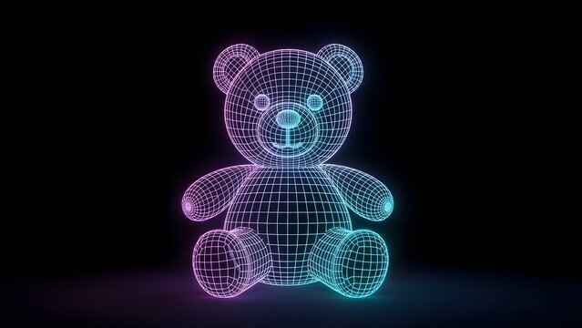 Glowing neon wireframe of a teddy bear. Digital art and futuristic toy concept. Cyberpunk style bear outlined in purple and blue light on a black background