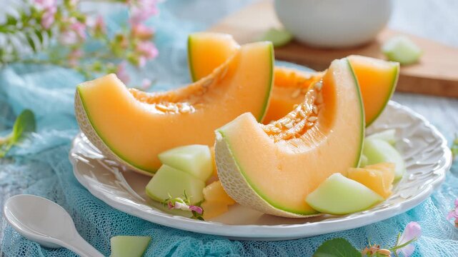 Sliced satsuma melon on a white plate, close-up, a summer fruit concept.
