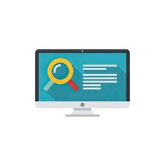 Computer screen displaying search results with magnifying glass overlay flat vector illustration