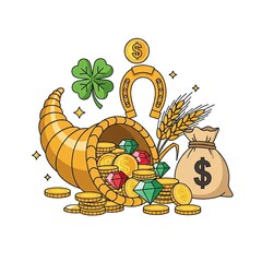 Cornucopia overflowing with gold coins gemstones wheat and a money bag on white background