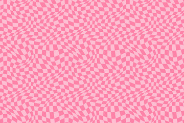 Cute pink warped, distorted check seamless vector pattern, groovy checkered background, optical illusion effect